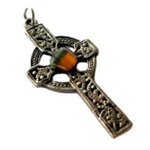 Celtic cross pendant, Irish or Scottish, with natural tiger eye stone